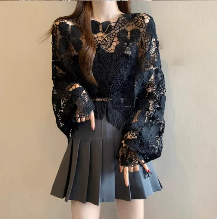 Women Summer Large Size Elegant Hollow Solid Color Sexy Sunscreen Blouse Fashion Short Versatile Loose Tassel Long Sleeve Shawl