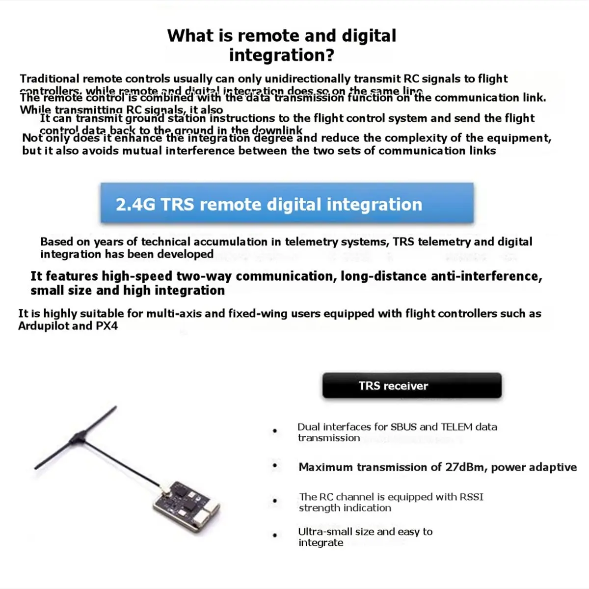 

Новый интегрированный приемник данных TRS 2.4G с двумя интерфейсами SBUS TELEM и RSSI, максимальная мощность передачи 27 дБм, VRX, модель 2026 года