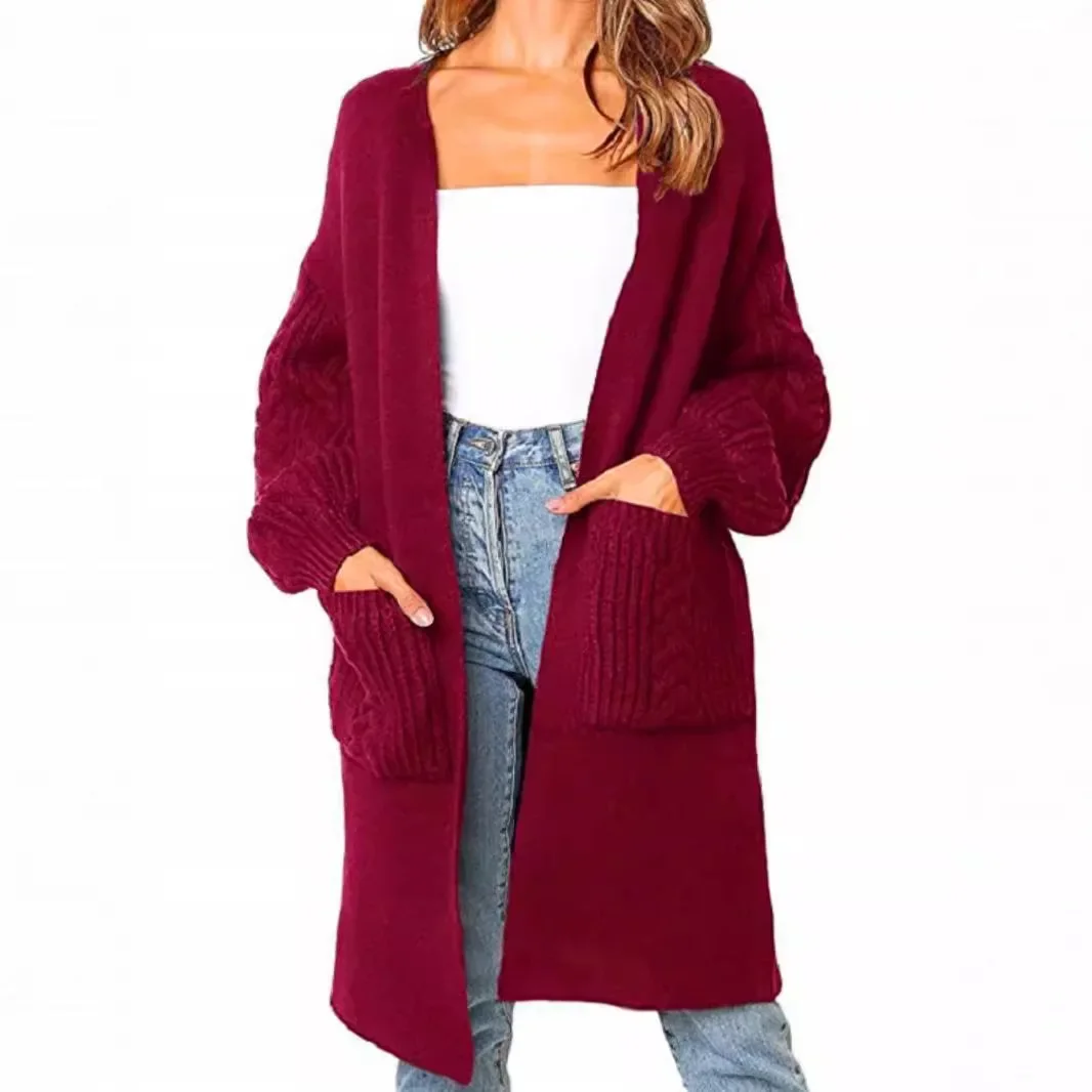 Europe and The United States Solid Color Twist Lantern Sleeve Loose Casual Fashion Knitted Cardigan Coat Women's Autumn Winter