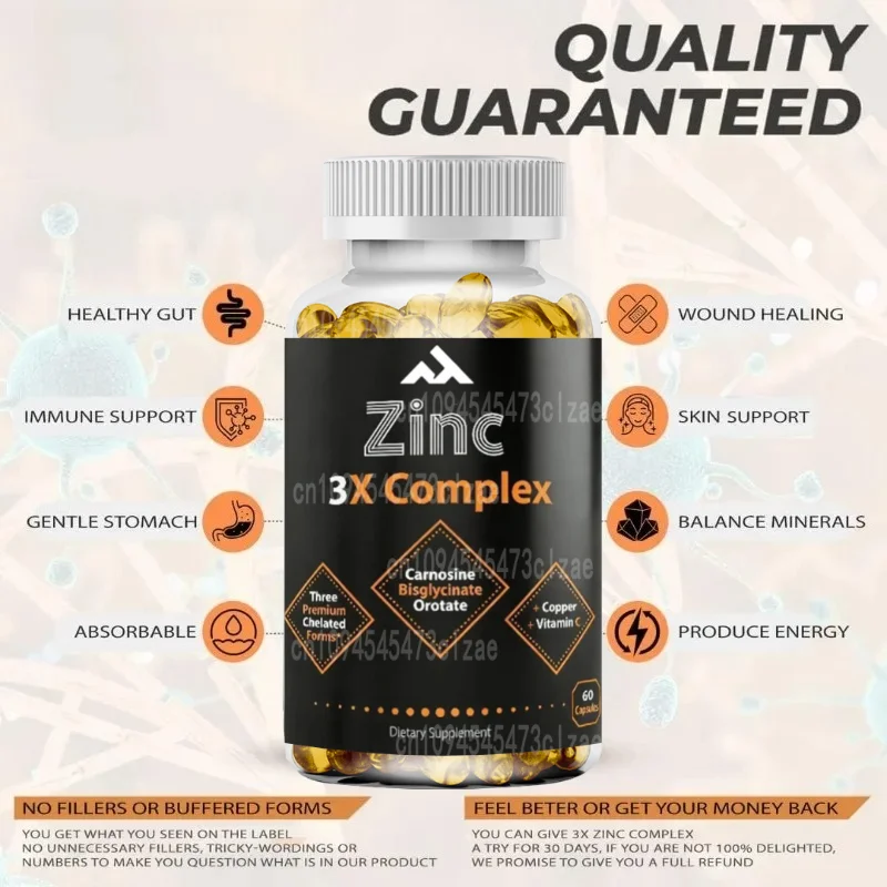 Zinc capsule containing copper, vitamin C, myopeptide zinc, diglycine chelates, zinc orotate provide skin immune health support