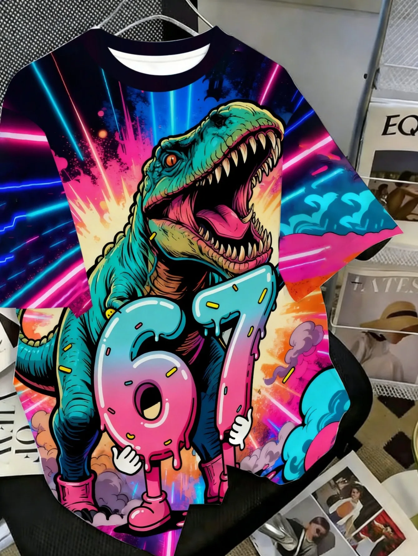 Children Fashion Cartoon Dino 67 Print T‑Shirt, Boys Vibrant T‑Rex Neon Art Short Sleeve Crew Neck Casual Daily Tee