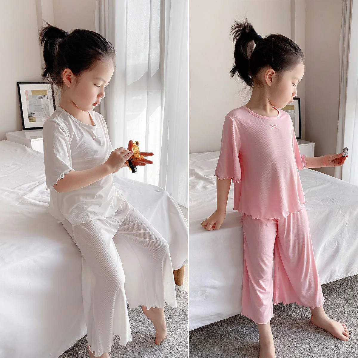 Girls' Short-Sleeved Pajamas, Summer Simple and Elegant Baby Home Clothes Set, Little Girls Can Wear Air-Conditioned Clothes Outside, Trendy