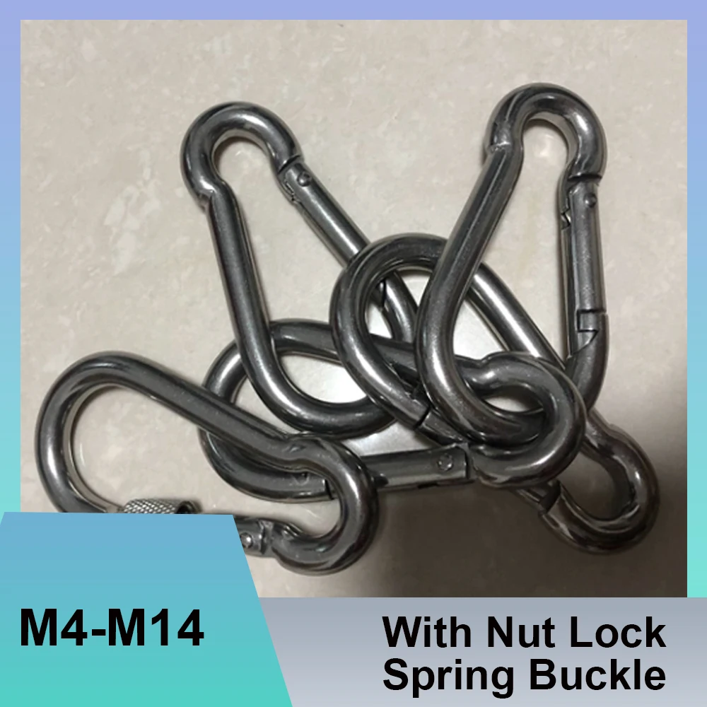 1-2Pcs 304 Stainless Steel M4-M14 With Nut Lock Carabiner Spring Buckle Key Safety Ring Hook Travel Kit Camping Equipment