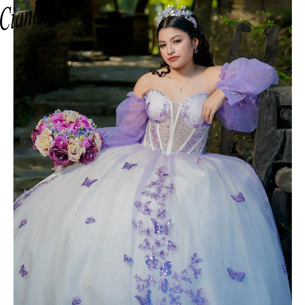

Роскошные сиреневые лавандовые платья принцессы Quinceanera с накидкой и кружевной бабочкой для дня рождения, Vestidos De 15, Anos по индивидуальному заказу