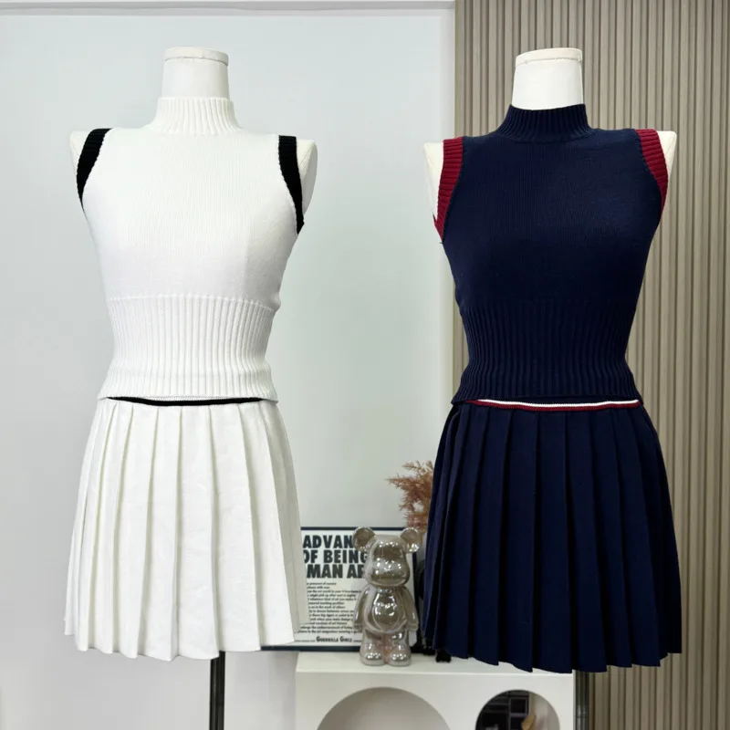 

Summer Women Preppy Y2k Knit Outfits 2 Piece Set Sleeveless Contrast Color Tank Top + Mini Pleated Skirts Conjuntos Femininos