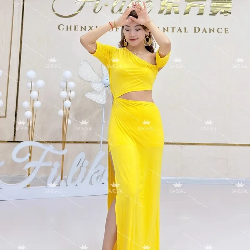 تخصيص Swegal فستان رقص البطن ممارسة رداء فستان رقص شرقي أصفر مشروط النسيج تنورة وسط caderines danza arabe