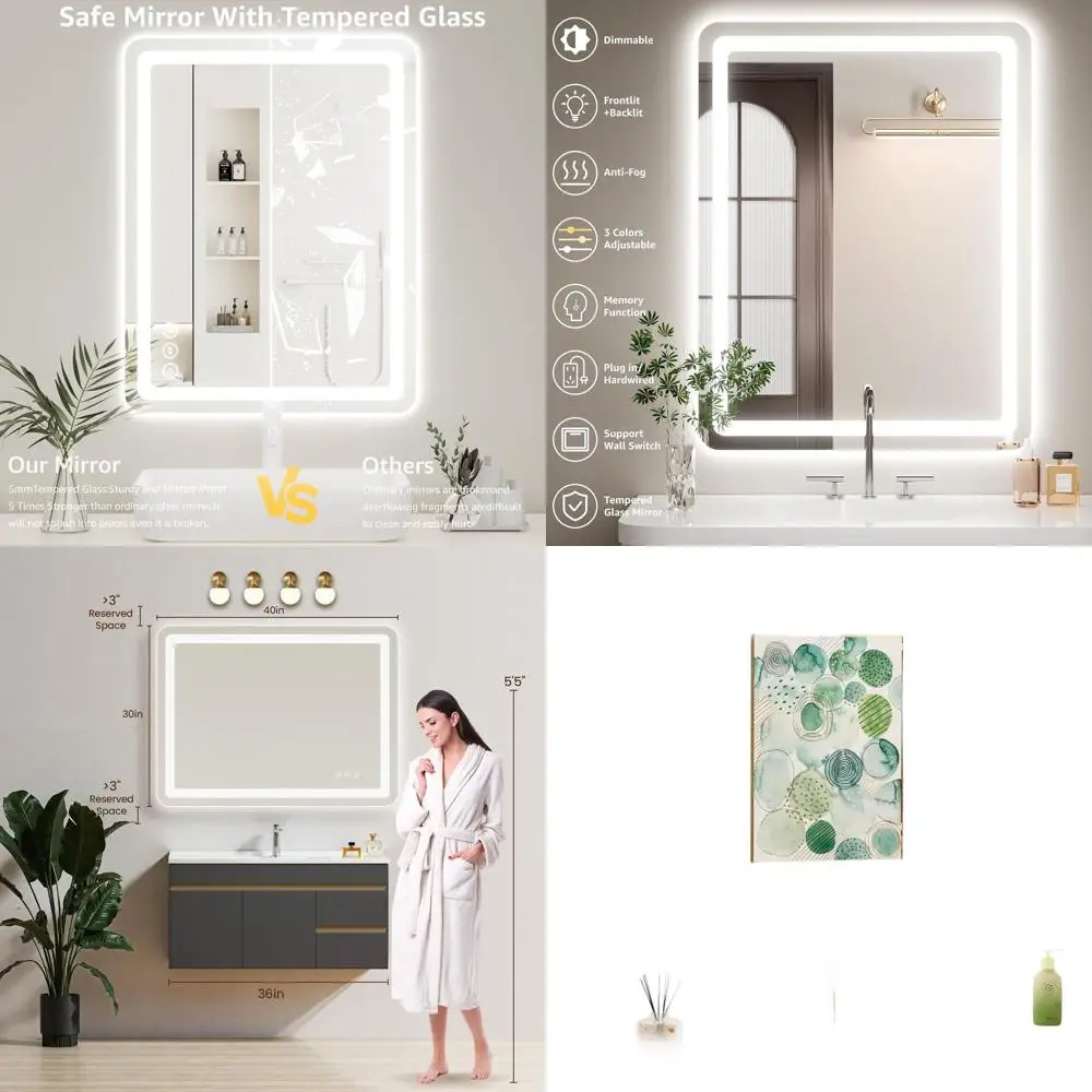 مرآة حمام LED مع خاصية مضادة للضباب، وإضاءة ثلاثية الألوان، ومستشعر باللمس، وميزة قابلة للتعتيم #1