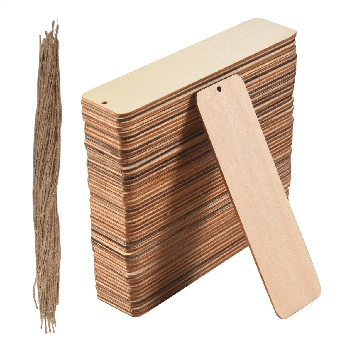 Super Sale 50 PCS Wood Blank Bookmarks Unfinished Wooden Book Marks Hanging Tag with Holes and Ropes DIY Craft Projects
