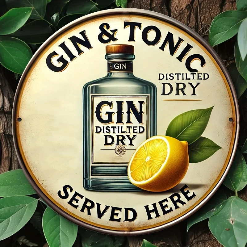 Letrero Redondo de Madera Vintage 2D 2026 con Diseño de Gin & Tonic Servido Aquí, Placa Retro Botánica para Bar de Gin, Decoración Rústica para Hogar o Pub, Limón A