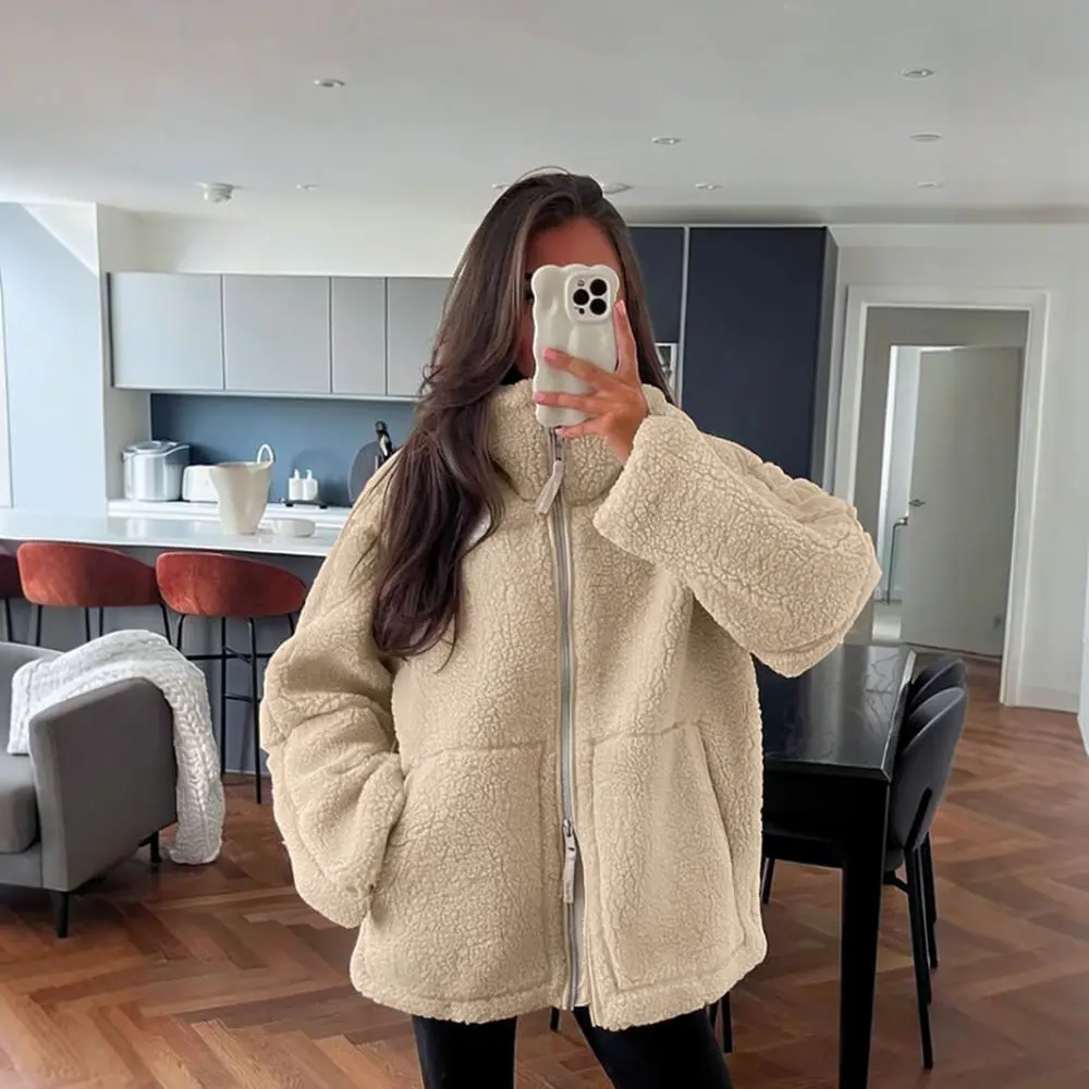 Casual Womens Lambswool Jacket High Collar Warm Coat Solid Color Loose Zipper Autumn Winter Plush Outerwear Elegant Daily Tops