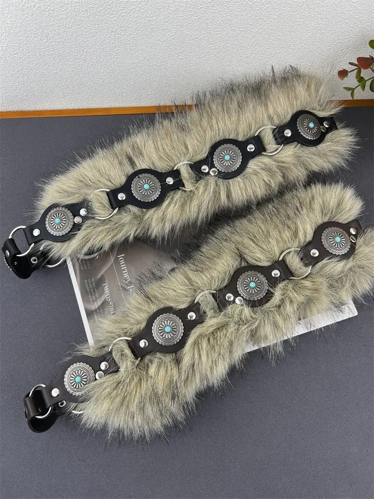 Vintage Winter Imitation Furry Irregular Wide Waistbands Rivet Studded PU Leather Punk Waist Belts Y2K Fur Cinturones Para Mujer