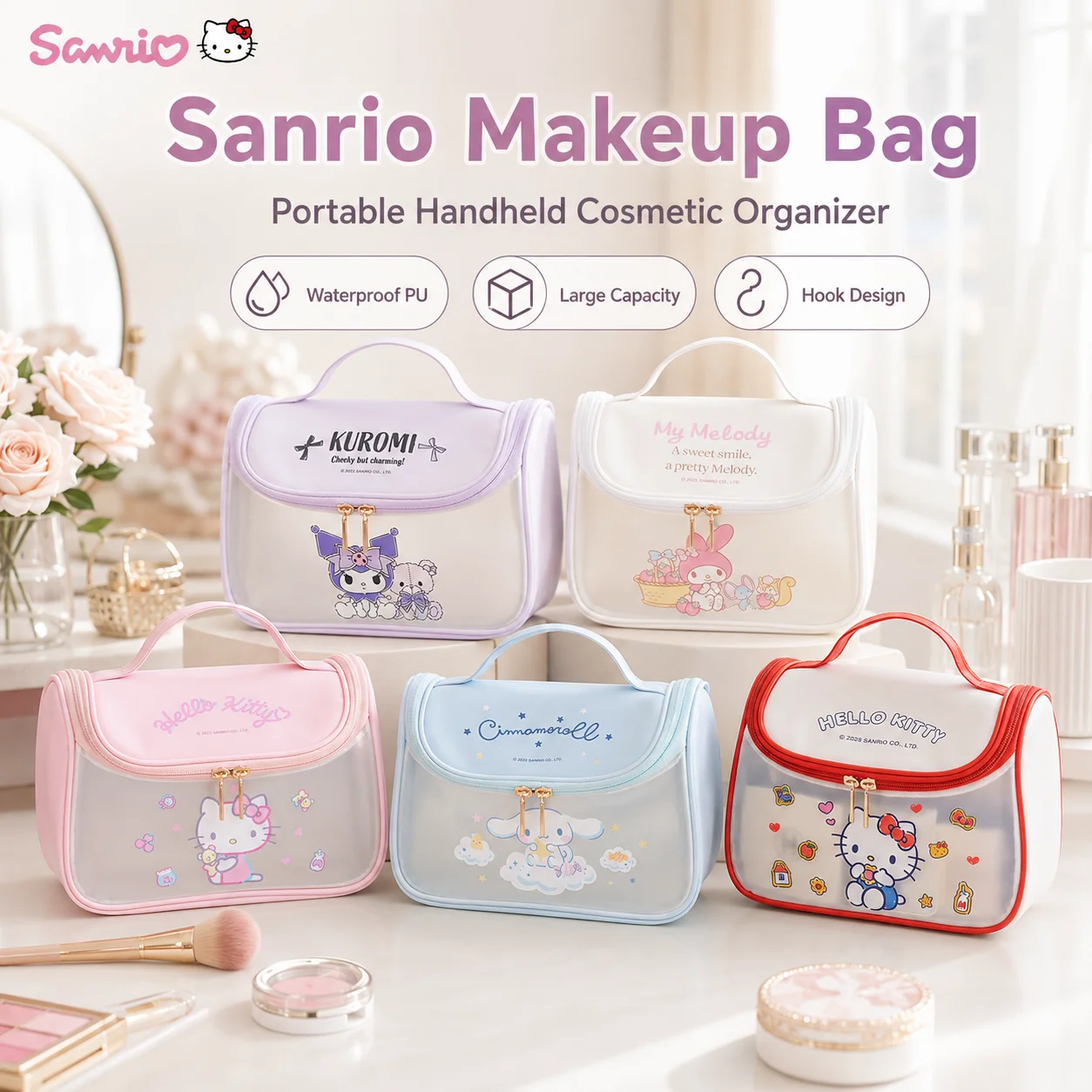 Sanrio Cartoon Makeup Bag Waterproof PU Large Capacity Hook Design Portable Handheld Toiletry Cosmetic Organizer Storage Pouch