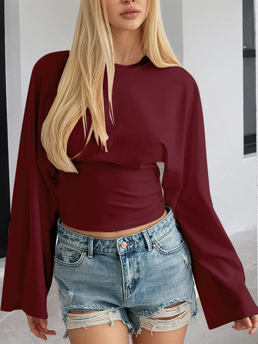 

Женская футболка WXOY с круглым вырезом, длинным рукавом, приталенная, свободного кроя, укороченный топ, базовая футболка, повседневная уличная одежда