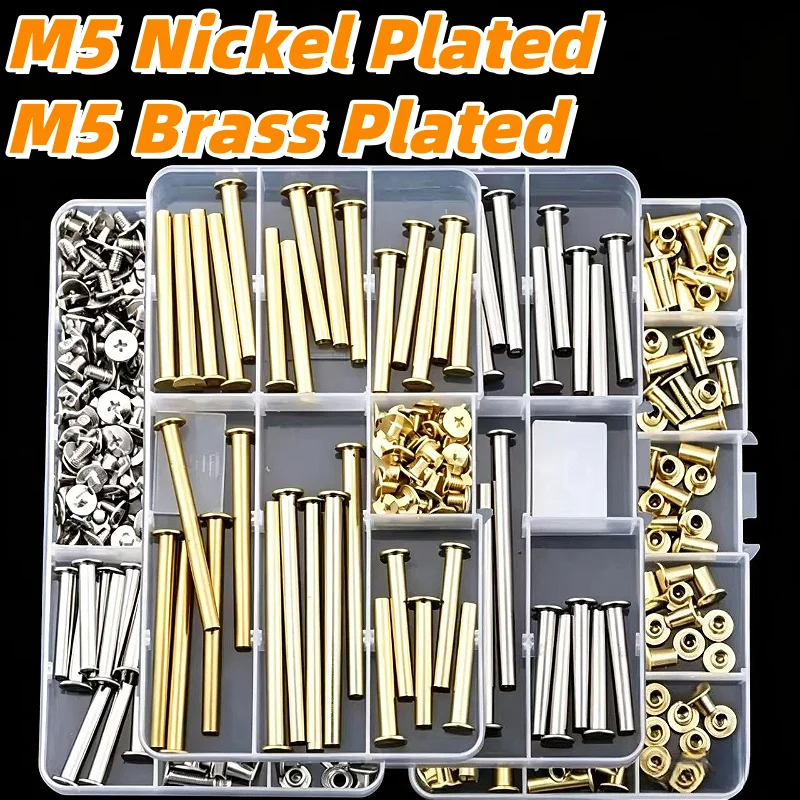 M5 Nickel/Brass Plated Phillips Chicago Screw Binding Screw Posts Assortment Kits for Scrapbook Photo Albums Binding And Leather