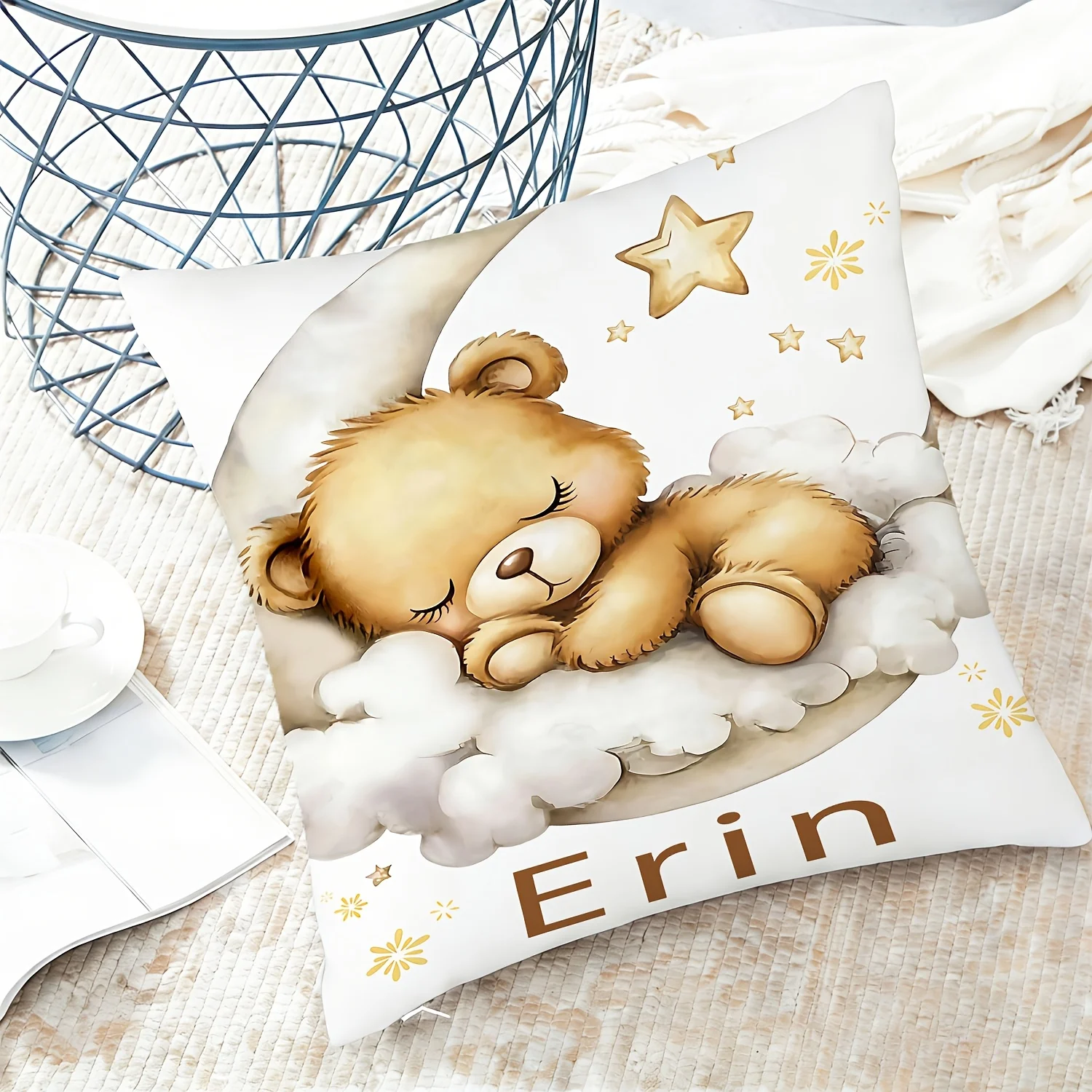 1PC Throw Pillow Cover,Sleeping Teddy Bear Moon Star Print,Nursery Cute Style,For Sofa Bedroom Couch Home Decor
