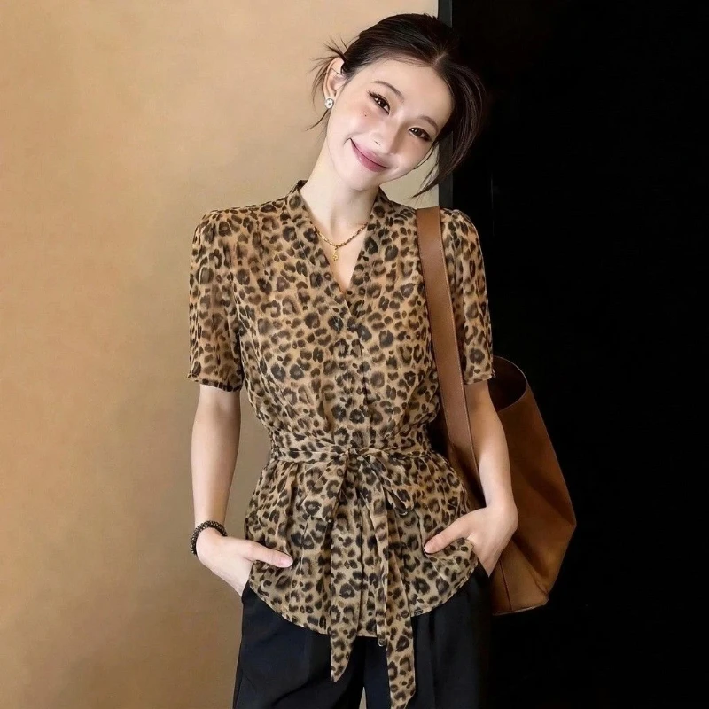 Leopard Printing Bandage Short Sleeve Elegant Blouse Women Clothing Summer Thin V Neck Temperament Shirt Tops Vintage Fashion