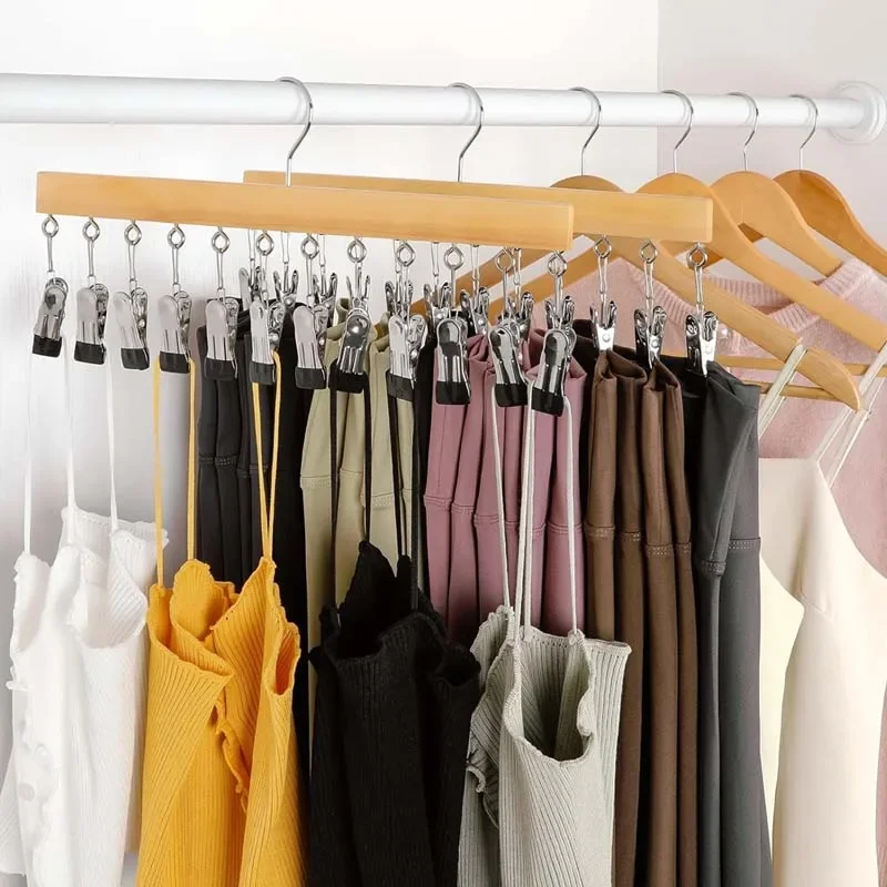 360° Rotation Wooden Hangers Clothes Organizer with 12 Clips for Women Socks Bra Legging Hanger Space Saving Storage Rack