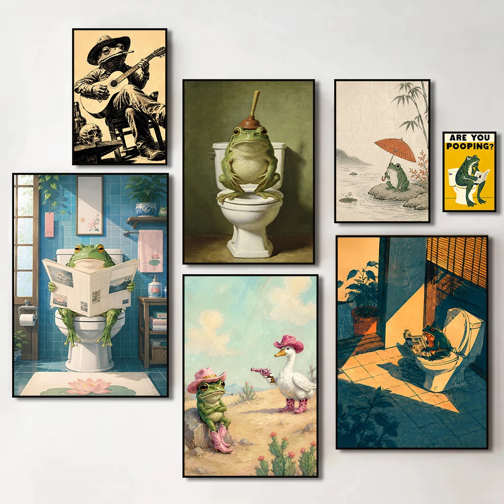 Whimsical Cowboy Duck Frog on Toilet Reading Canvas Print Poster Funny Animal Japandi Art Prints Bathroom Wall Art Home Decor