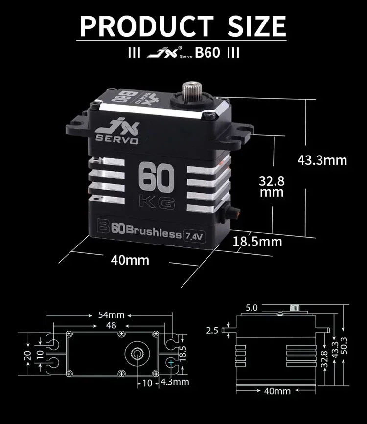JX B60 HV Full Metal Brushless Motor Servo RC 8.4V 60KG High Torque Digital Servo for RC Car Model Aircraft Robotic Arm Crawler