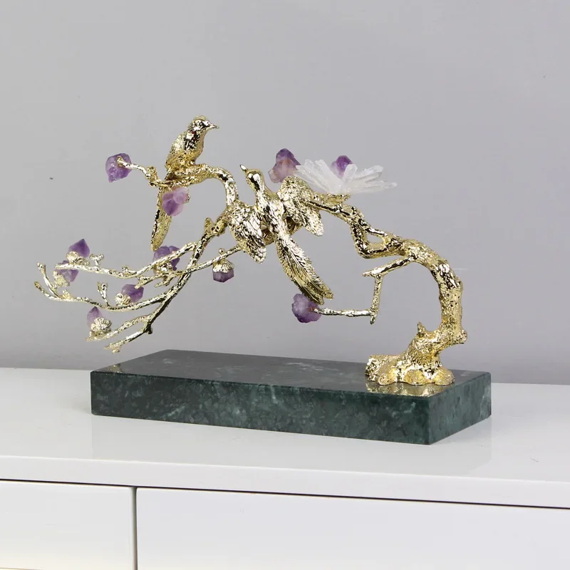 Amethyst Tree Golden Tree Metal Handicraft Crystal Sculpture Handmade Crystal Statue Metal Decorative Figurines Home Decoration