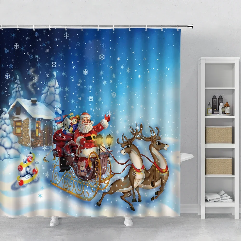 Fun Flight Santa Claus Shower Curtain Sky White Cloud Airplane Children Bathroom Decor Set Waterproof Bath Curtain Boy Girl Gift