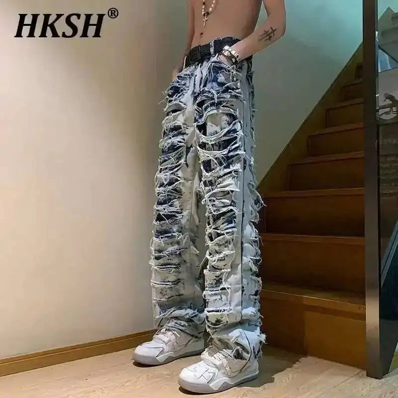 

HKSH American High Street Erosion Damaged Vintage Jeans Men Ins Punk Trendy Straight Micro Flare Denim Pants Fashion Chic HK1205