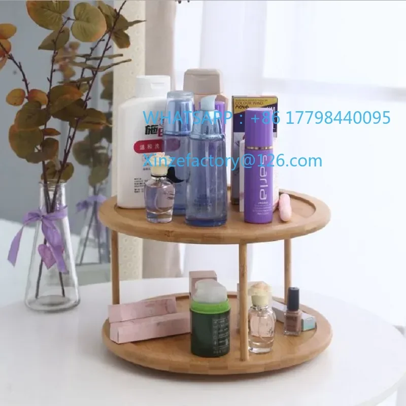 Customizable Bamboo turntable spice rack 2-layer bamboo kitchen counter top cabinet, rotary condiment storage box, cosmetics she