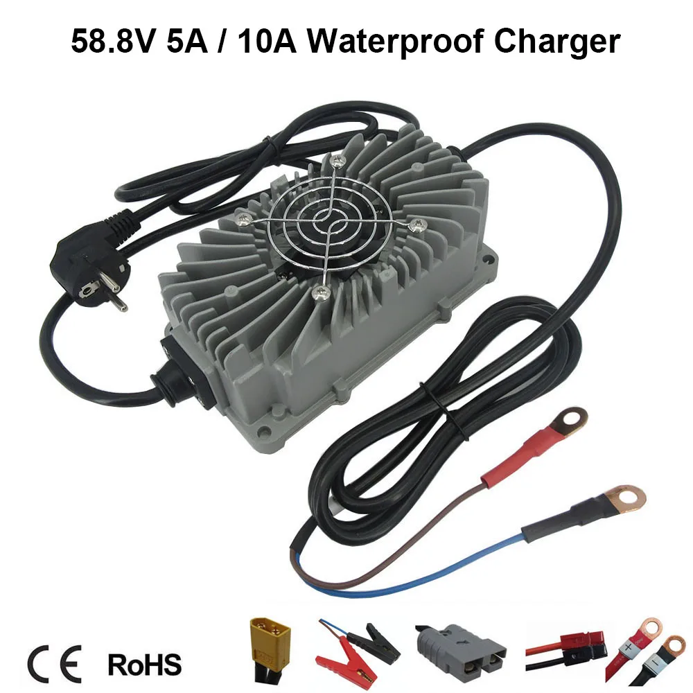 58.8V 5A 10A Waterproof Lithium Battery Charger 14S 52V 51.8V 50AH 100AH Li-ion Golf Cart RV Forklift Fast Chargers