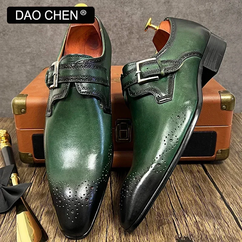 LUXURY DESIGNER MEN'S LOAFERS GENUINE LEATHER MONK STRAP SHOES CASUAL MAN DRESS SHOES BLACK GREEN OFFICE WEDDING SHOES FOR MEN