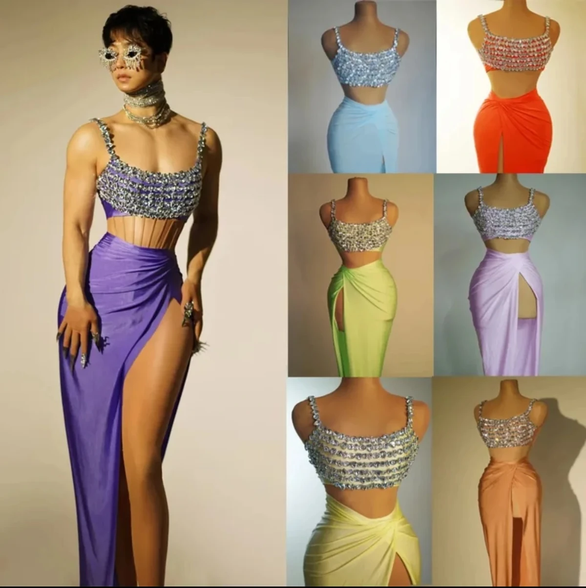 

Sparkly Rhinestones High Split Dress Women Sexy Crop Tops Skirt Evening Party Birthday Dress Singer Dancer Performance Costume