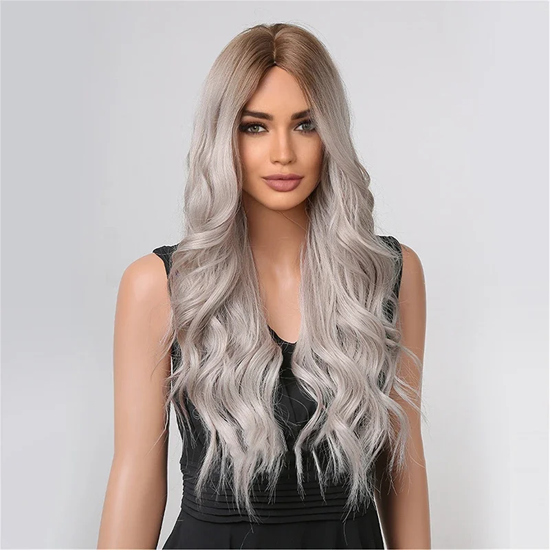 26-дюймовый синтетический парик с волнистыми вьющимися волосами и модным средним градиентом цвета подходит для повседневного женского использования на вечеринке.