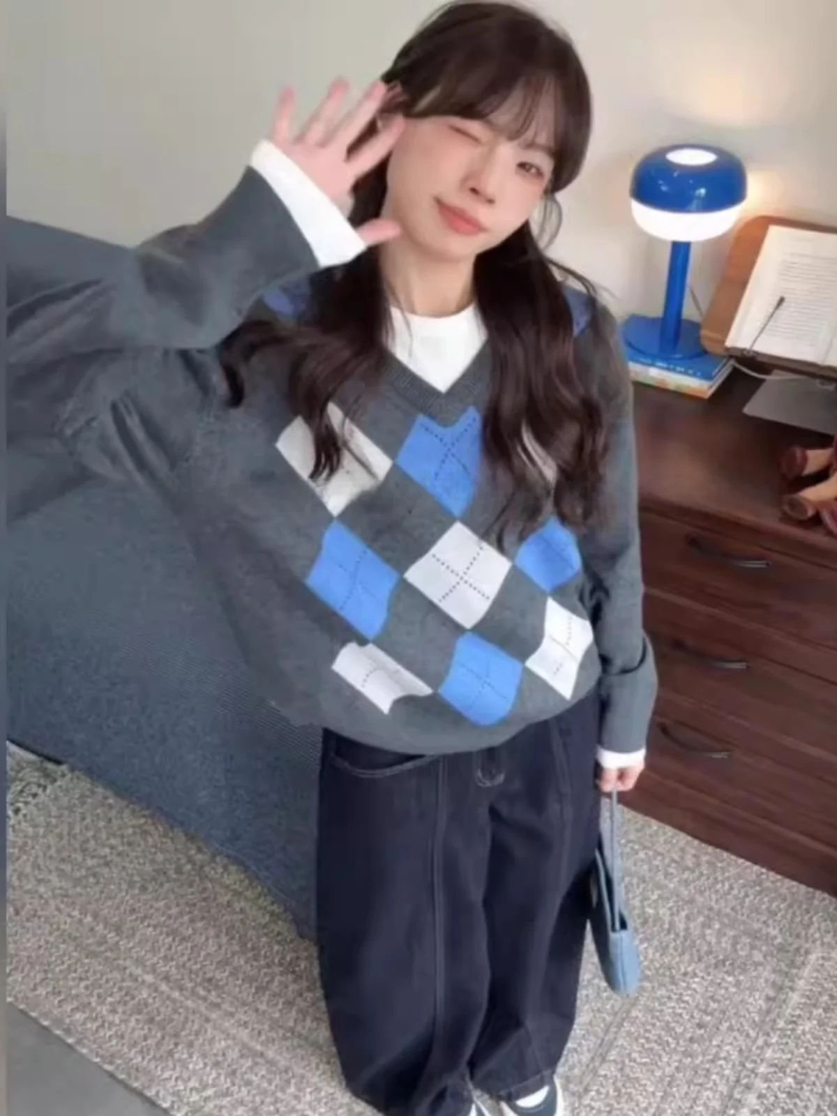 

Синий пуловер с геометрическим рисунком V-Ne, вязаный свитер, женский ранний весенне-осенний мягкий длинный топ Sve Base irt College Sle Top