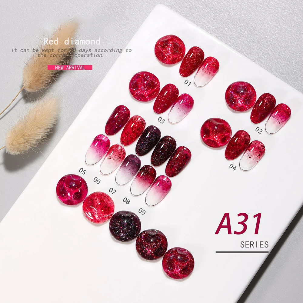 Vendeeni 9 Colors/Set Red Glitter Gel Nail Polish Semi Permanent UV Soak Off Gel Varnish Shiny Sequins Gel Lacquer With Display