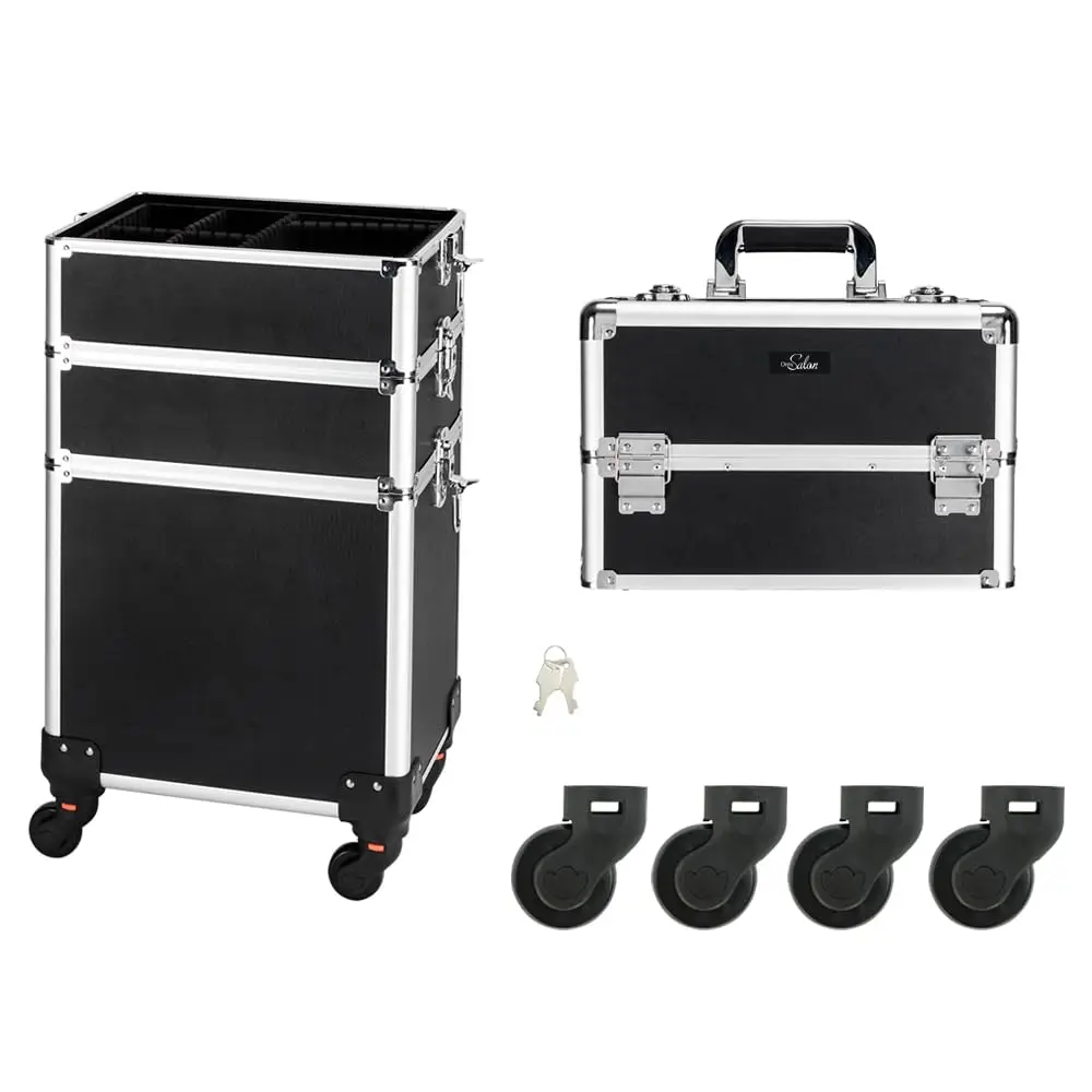 4 in 1 Rolling Makeup Train Case, Aluminum Makeup Travel Organizer Cosmetic Case, Cosmetology Display Suitcase on