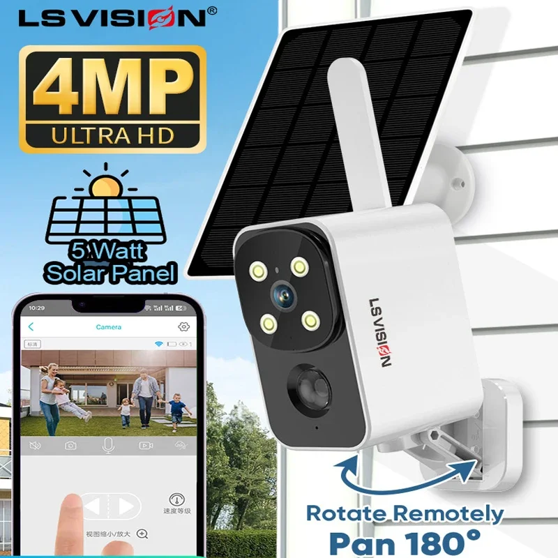 LS VISION 180°PTZ Camera Outdoor Wireless Solar IP Camera 4G/Wifi 4MP HD Built-in Battery 2k Video Surveillance Camera Ubox APP