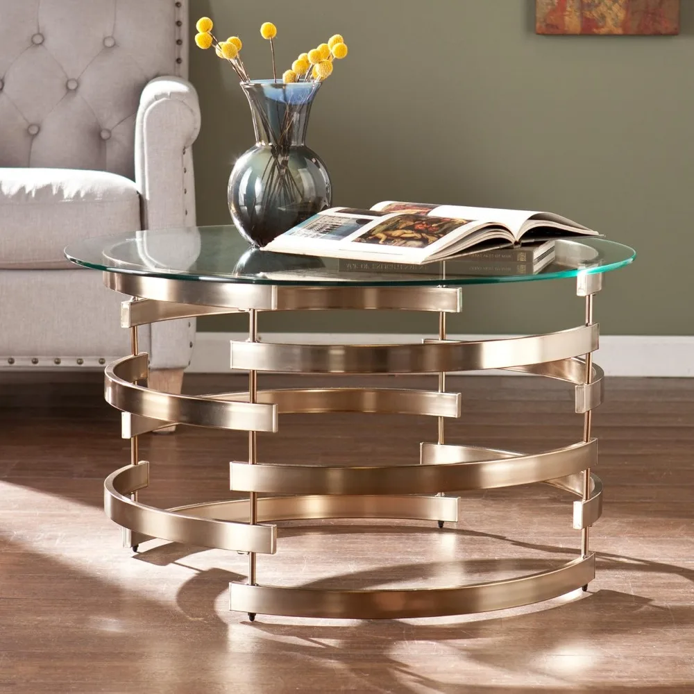 

Belmar Contemporary Round Glass Top Coffee Table, 32D x 32W x 18.5H in, Champagne coffees tables for living room