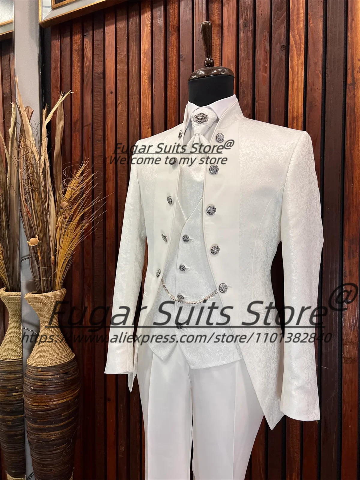 

Elegant White Jacquard Men Suits Customized Slim Fit Luxuly Groom Wedding Tuxedos 3 Pieces Sets Male Prom Blazers Ropa Hombre