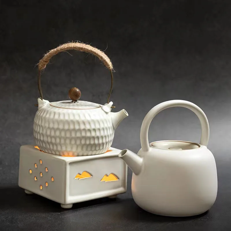 Chinese Ceramic Cream Style White 430ml Handle Teapot, Candle Tea Stove, Home Camping High-end Tea Set Accessories Tea Cup Gifts