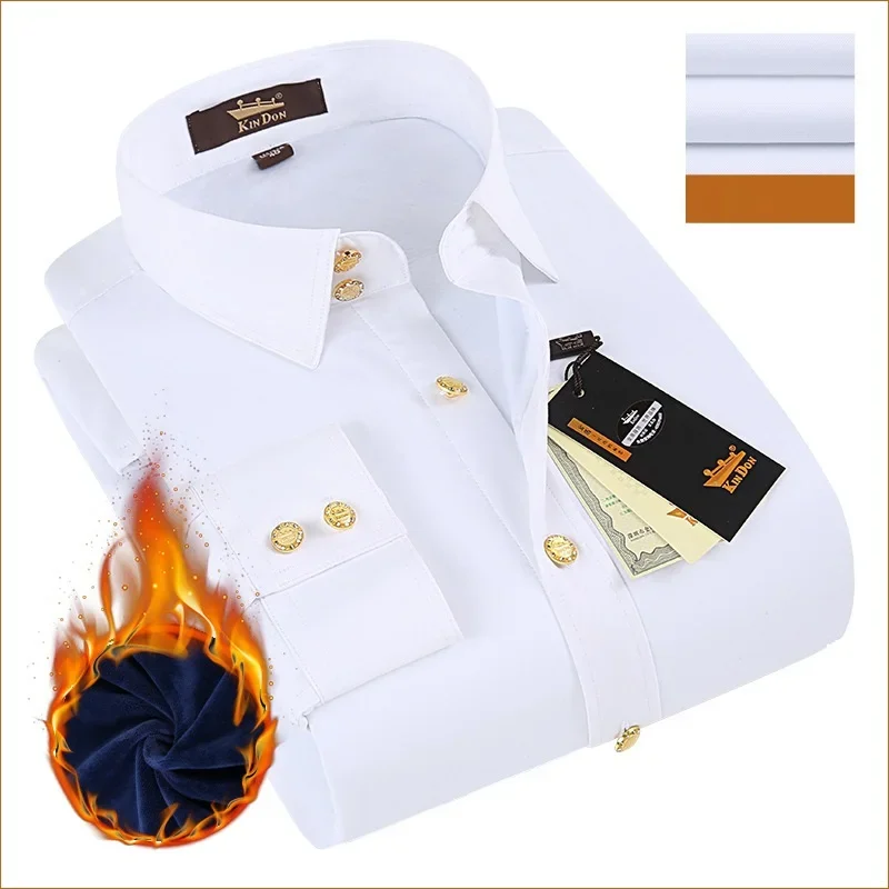 

2024 Fall/Winter Men's Slim Business Chief Sleeve Velvet Shirt Male Trend White Casual Copper Buckle Groom Dress Warm Shirts