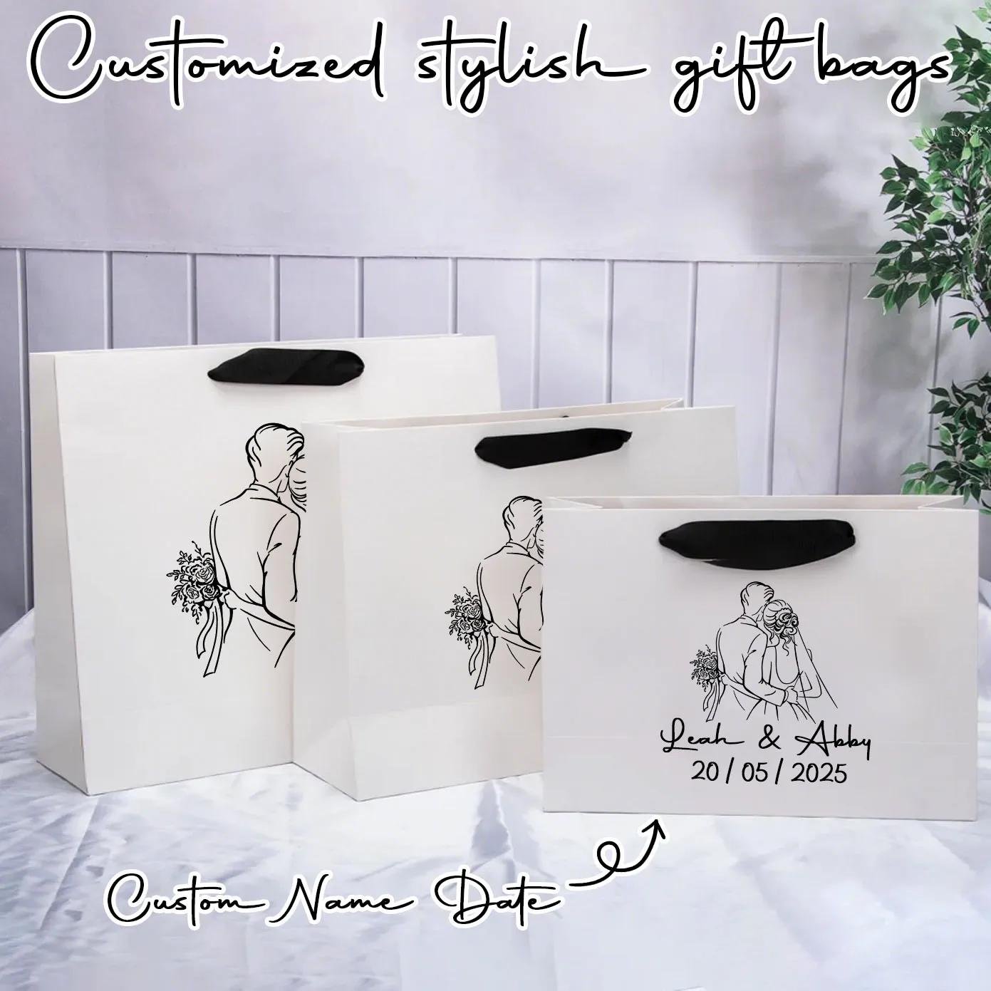 Personalisierte Text-Geschenktüten für Hochzeiten, unverzichtbare Geschenktüten für Hochzeitsfeiern, individuelle Geschenktüten für Braut und Bräutigam.