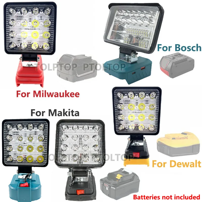 Linterna LED para exteriores, luces de inundación para Makita/DeWalt/Milwaukee/Bosch, luz de trabajo de 18V con batería de iones de litio,