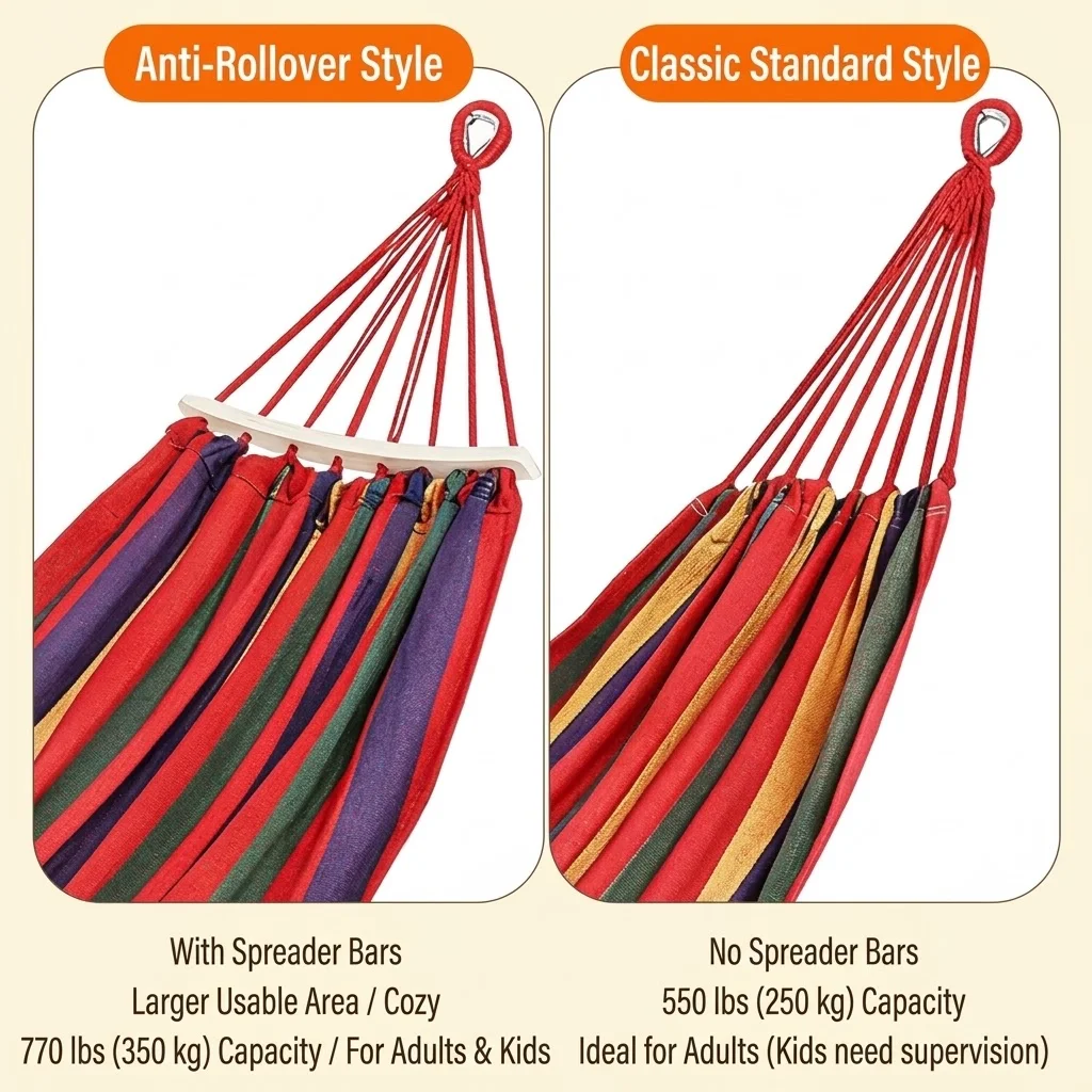 Durable Canvas Hammock 1-2 Person Outdoor Camping Hanging Bed with Metal Rings Ropes Carry Bag for Garden Courtyard Beach Tour