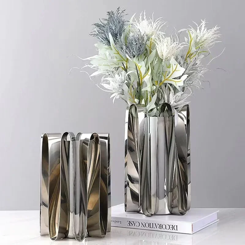 Silver-Plated Metal Vase Artificial Flower Decorative Desk Arrangement Aesthetic Floral Pots for Room Decor