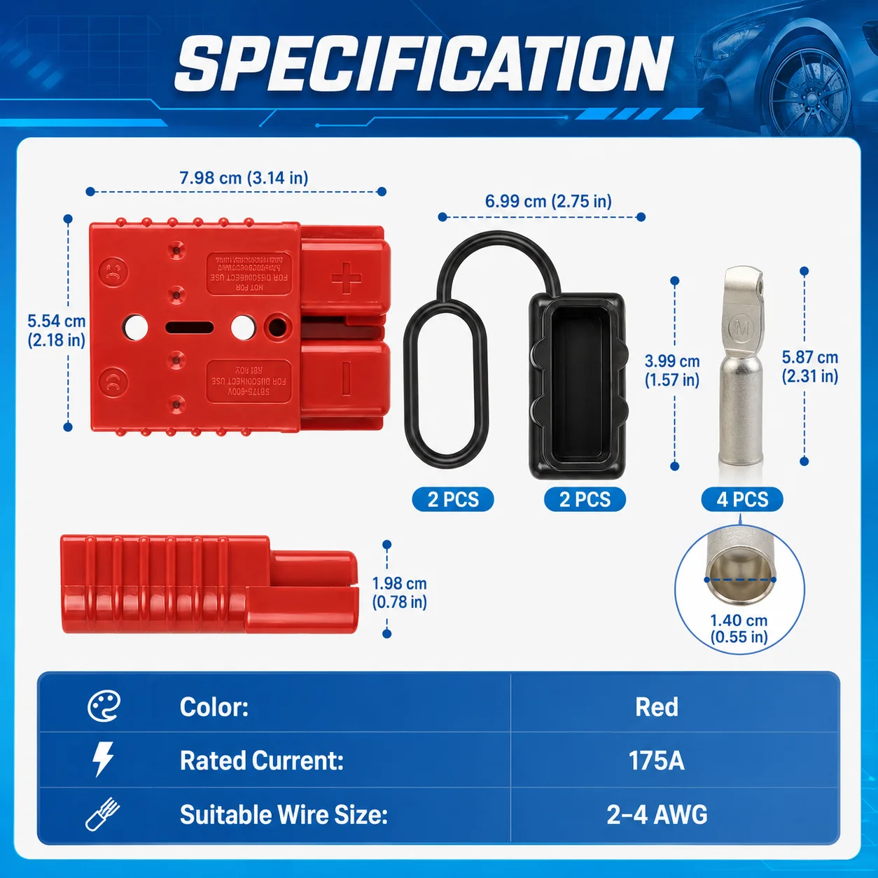 175A 1/0 AWG 2Pin Battery Quick Connect Disconnect Connector Plug Soft Dust Cover High Current 600V Car Power Connector Plug