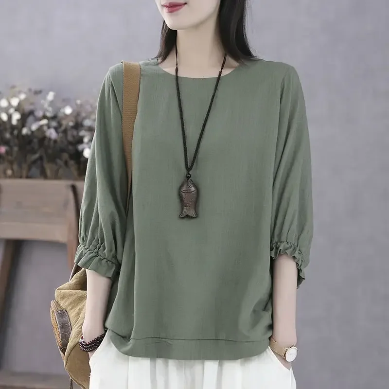 2023 Spring and Summer Women\'s New Solid Commuter Top Round Neck Bat Sleeve Casual Comfortable Versatile 5/4 Sleeve Top