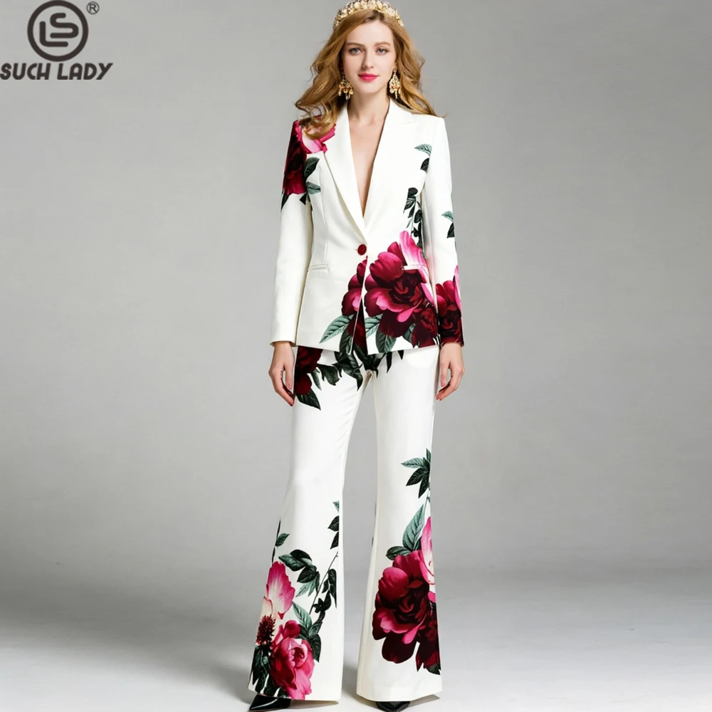 Women's White Floral Print Blazer & Pants Set - Notched Lapel Long Sleeve Suit with Rose Button Detail - Elegant Office Workwear