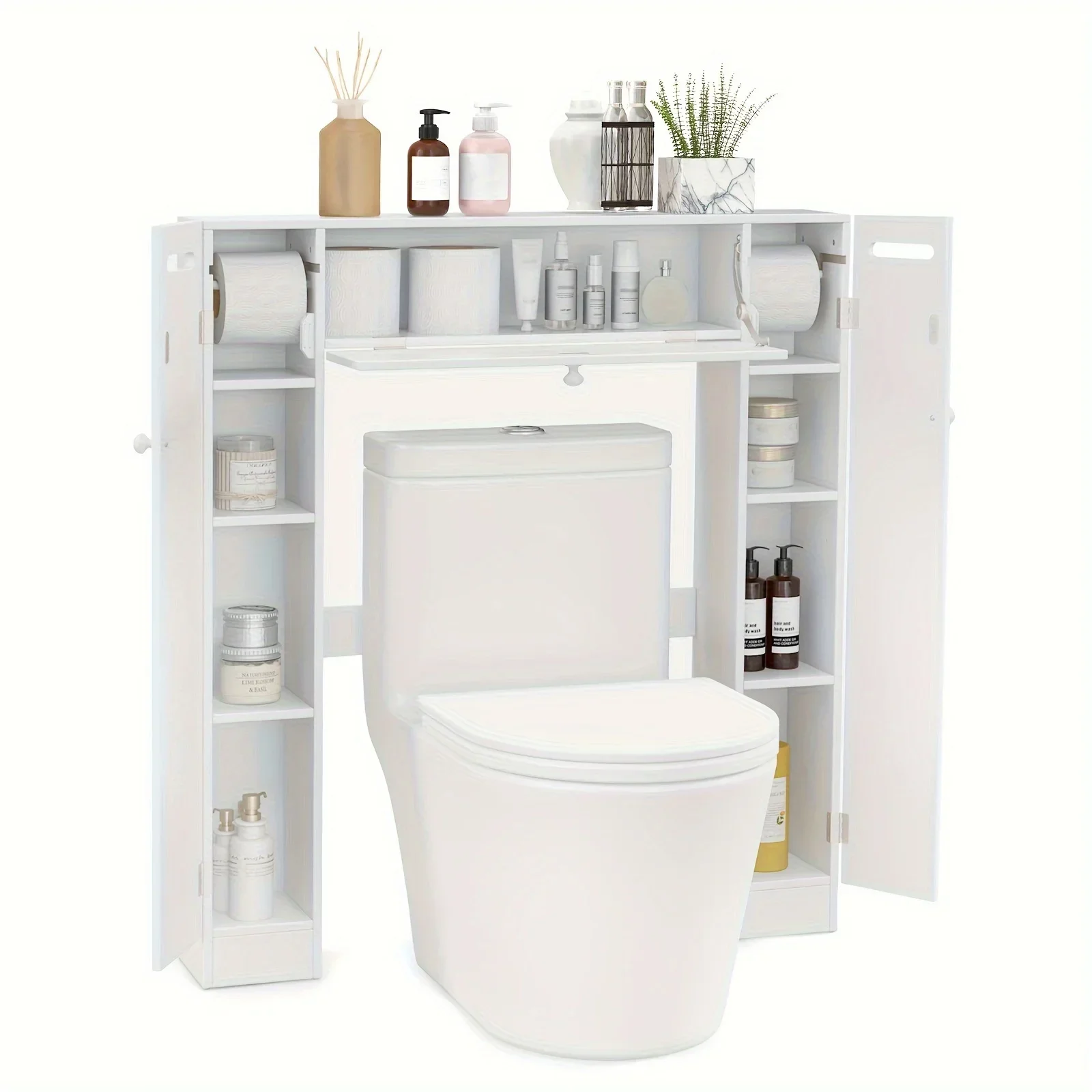

1pc Over-The-Toilet Bathroom Cabinet, Modern Wooden Free Standing Storage Rack, Adjustable Shelves, Space Saver Organizer, 34"x7