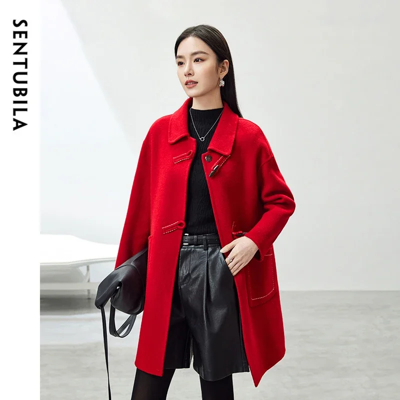 SENTUBILA Retro 74% Woolen Coat for Women 2024 Winter Straight Bull Horn Buckle Double Double Sided Warm Coat Ladies W44O54574