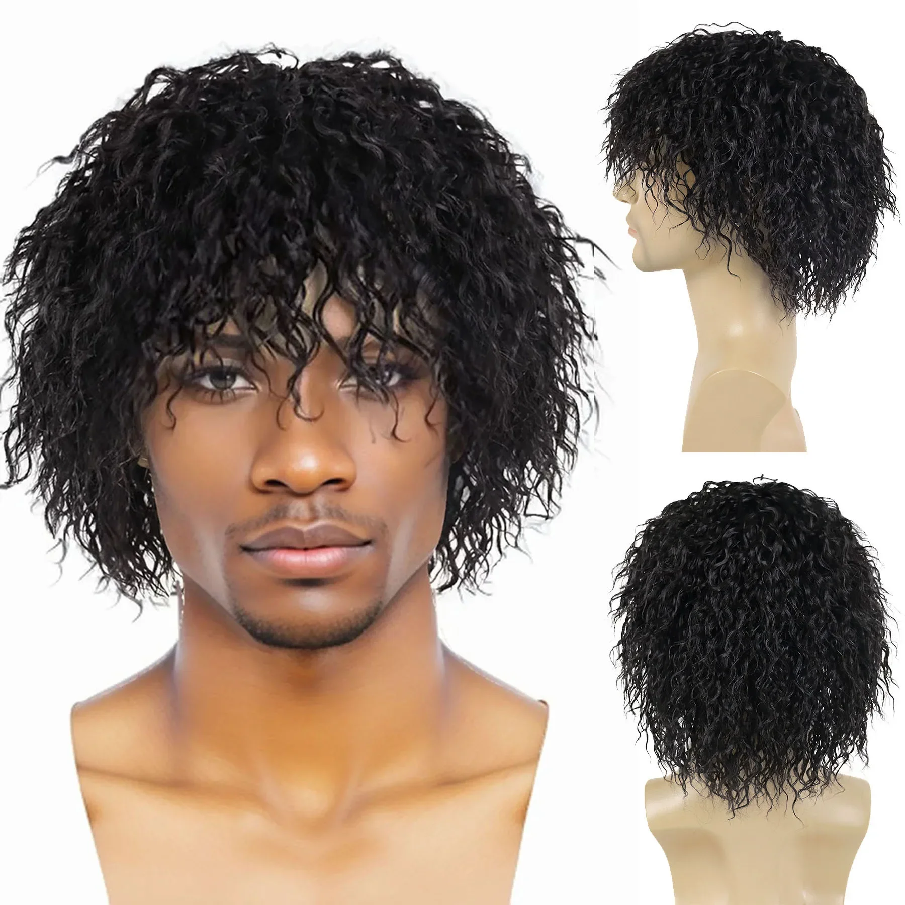 

Короткий вьющийся парик из синтетических волос для мужчин, черные пушистые парики с челкой, мужской парик для замены волос, Хэллоуин, косплей, естественный вид