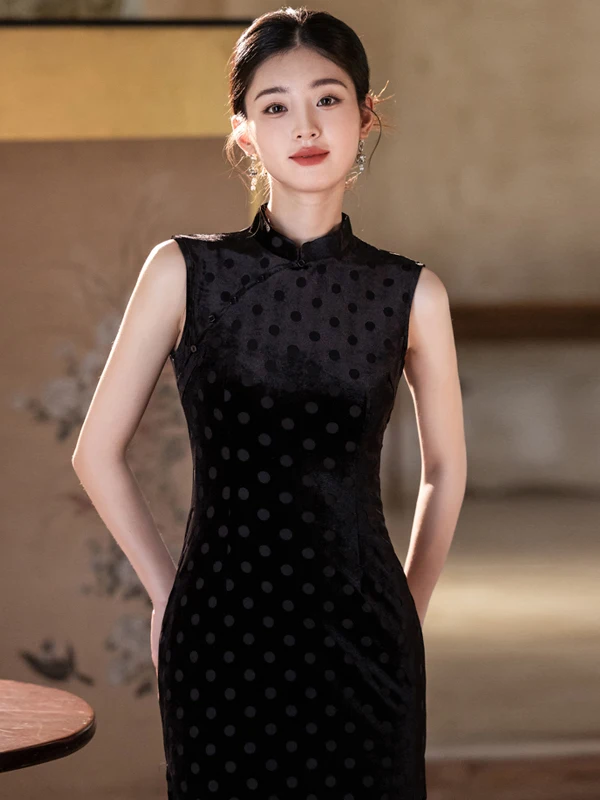 

Ele Bla Velvet Polka Dot Svel Qipao Dr Women's Retro Sle Midi Dr Slimming High-End Feel Chinese National ...